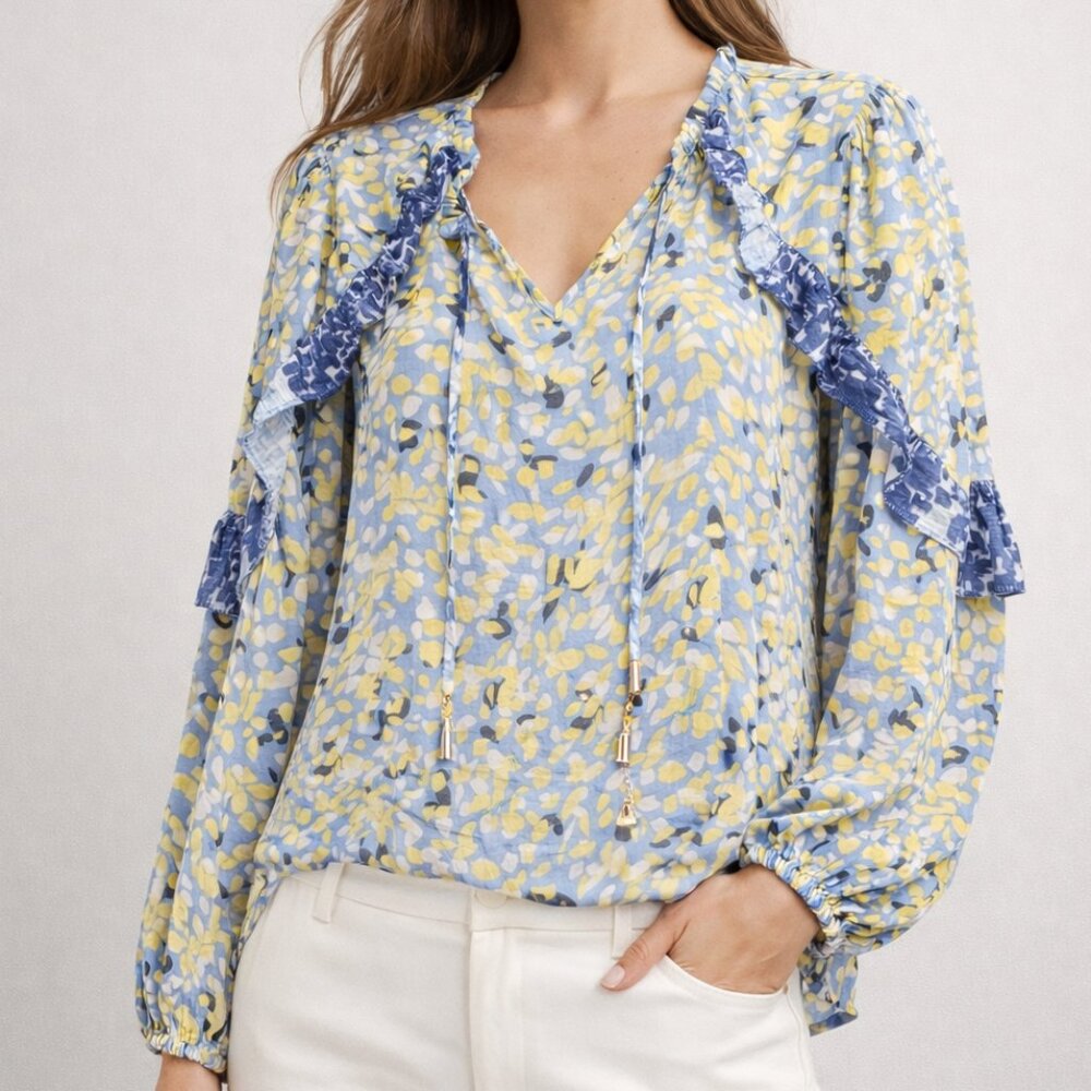 Zac & Rachel Blue and Yellow Long Sleeve Tie Front Blouse